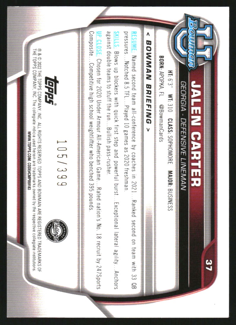 2022 Bowman Chrome University Purple Mini-Diamond Refractors #37 Jalen Carter