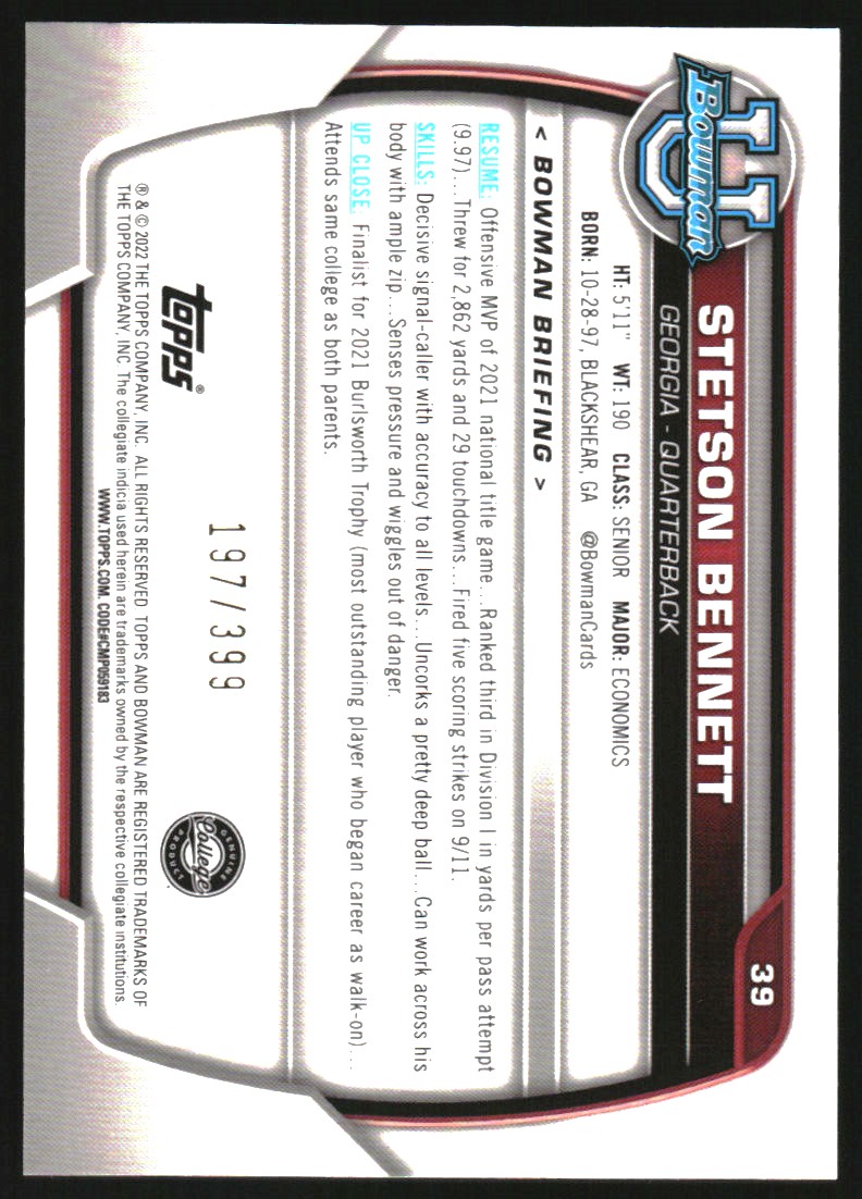 2022 Bowman Chrome University Purple Mini-Diamond Refractors #39 Stetson Bennett