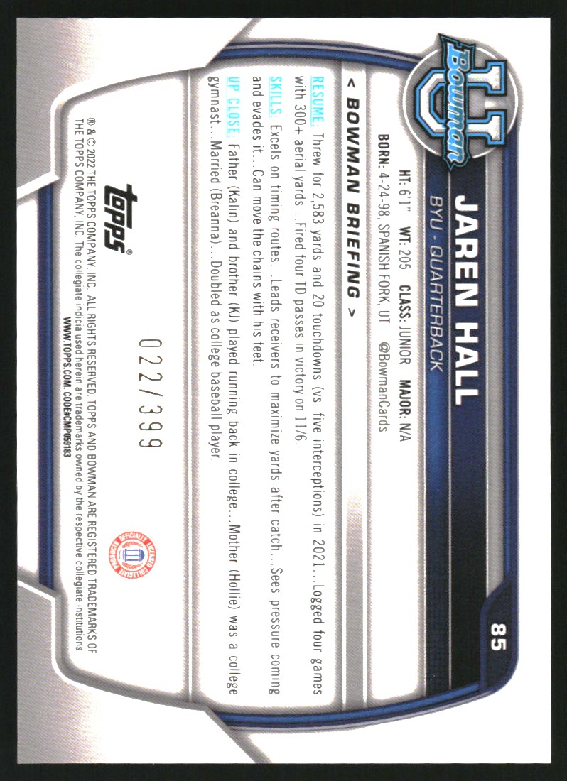 2022 Bowman Chrome University Purple Mini-Diamond Refractors #85 Jaren Hall