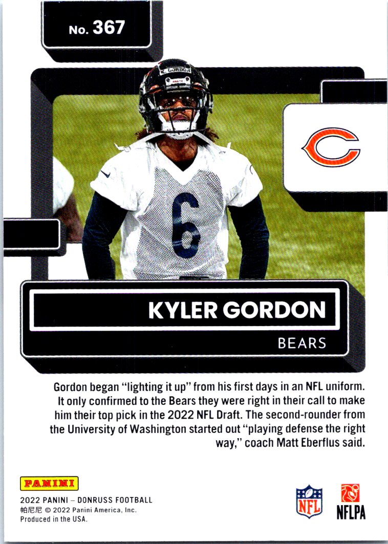 2022 Panini Score Kyler Gordon Rookie Chicago Bears #349