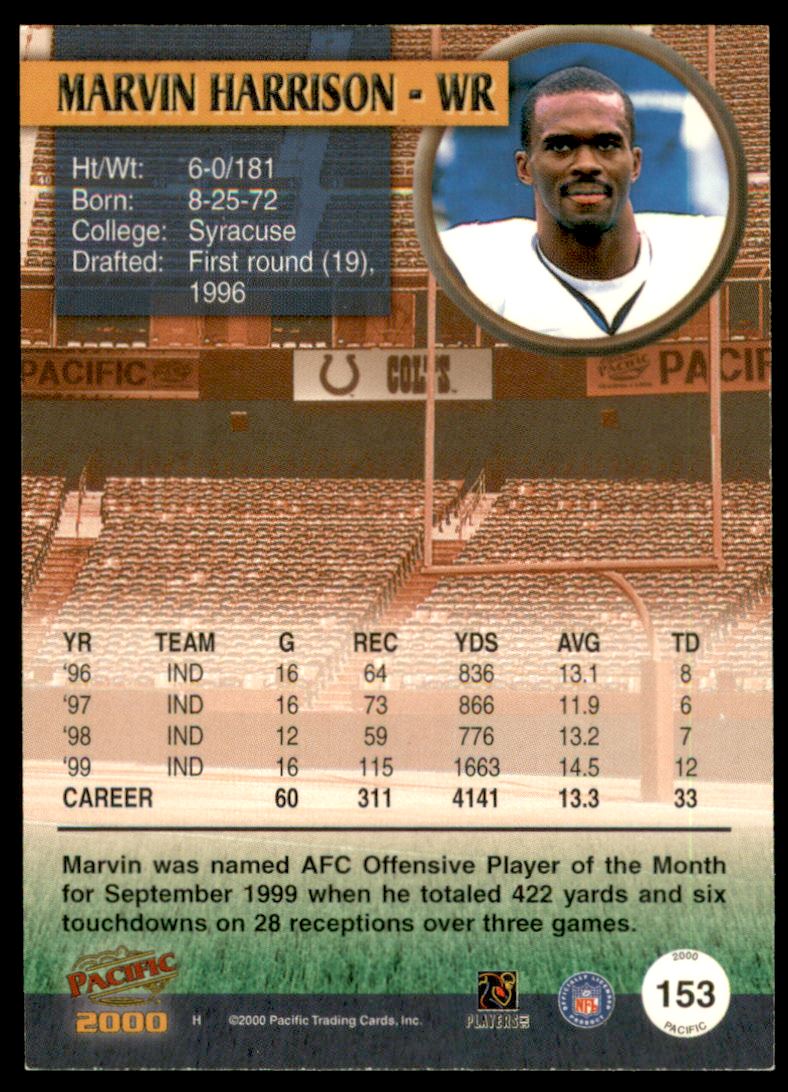 2000 Pacific Gold #153 Marvin Harrison back image