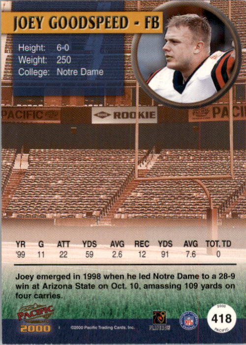 2000 Pacific Platinum Blue Draft Picks #418 Joey Goodspeed back image