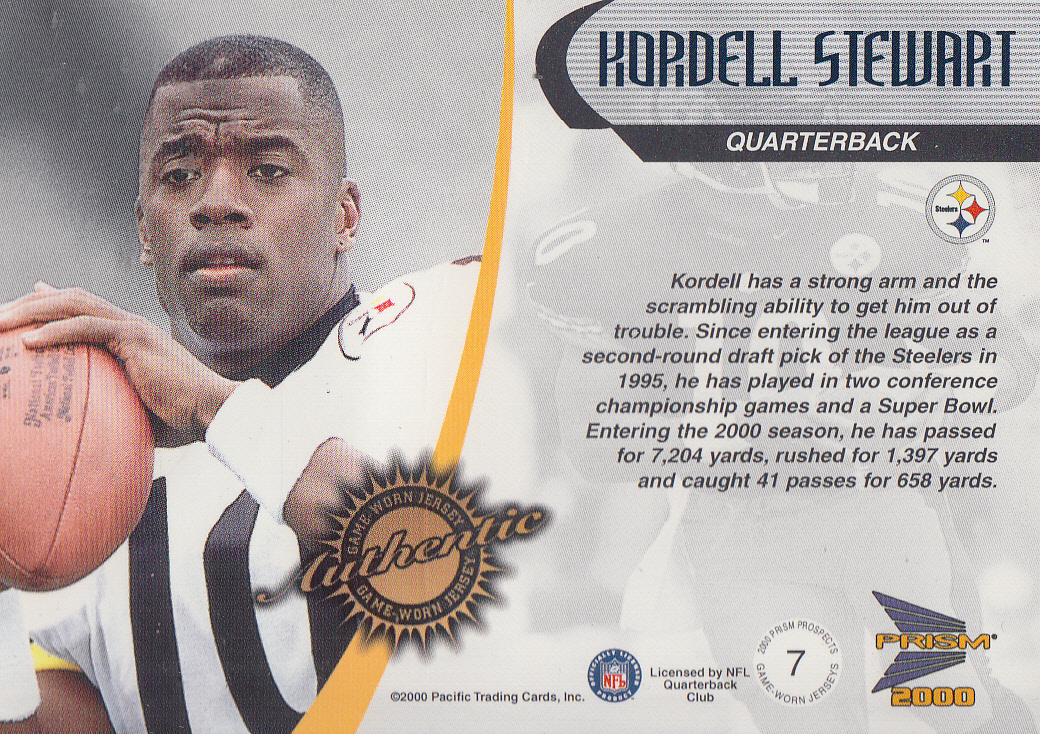 2000 Pacific Prism Prospects Game Worn Jerseys #7 Kordell Stewart back image