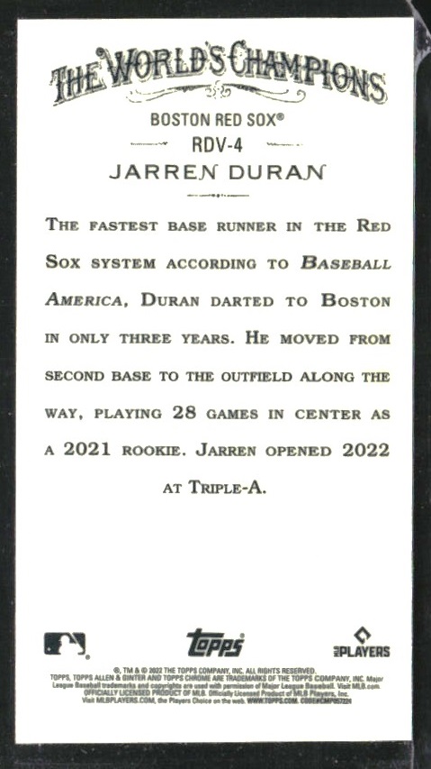 2022 Topps Allen and Ginter Chrome Mini Rookie Design Variations #RDV4 Jarren Duran