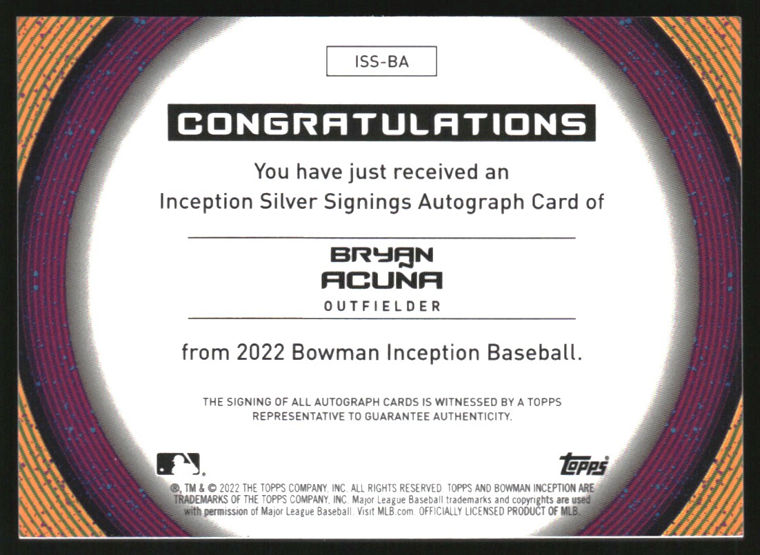 2022 Bowman Inception Silver Signings #ISSBA Bryan Acuna
