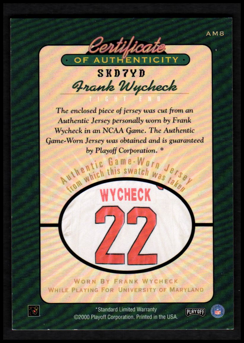 2000 Playoff Prestige Alma Mater Materials #AM8 Frank Wycheck back image