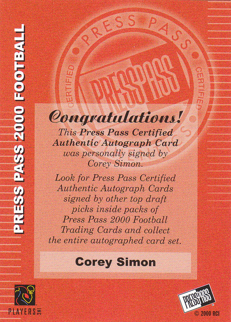 2000 Press Pass Autographs #43 Corey Simon back image