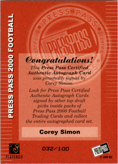 2000 Press Pass Autographs Gold Standout Signatures #43 Corey Simon back image