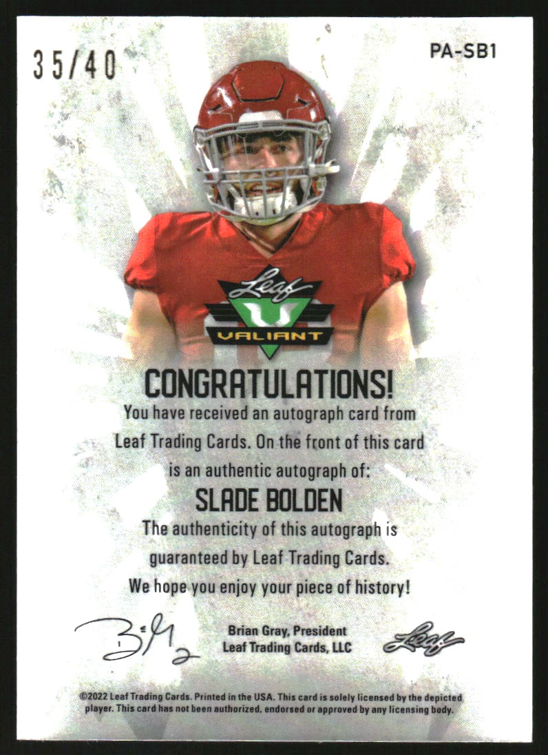2022 Leaf Valiant Portrait Autographs Green #PASB1 Slade Bolden