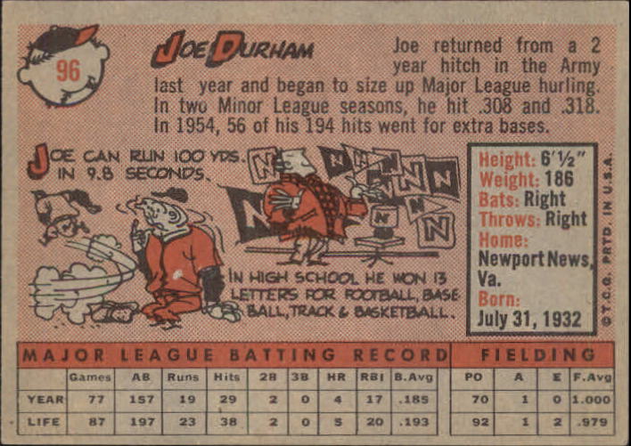 1958 Topps #96 Joe Durham Orioles EX G61109 back image