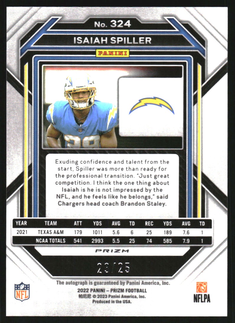 2022 Panini Prizm Autographs Prizms Blue Shimmer #324 Isaiah Spiller