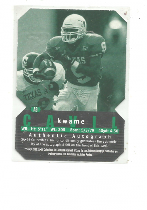 2000 SAGE HIT Autographs Emerald Die Cuts #9 Kwame Cavil back image