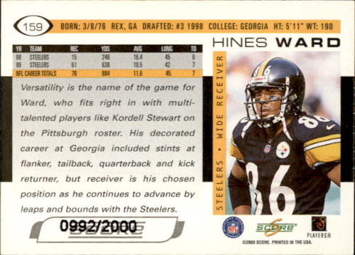 2000 Score Scorecard #159 Hines Ward back image