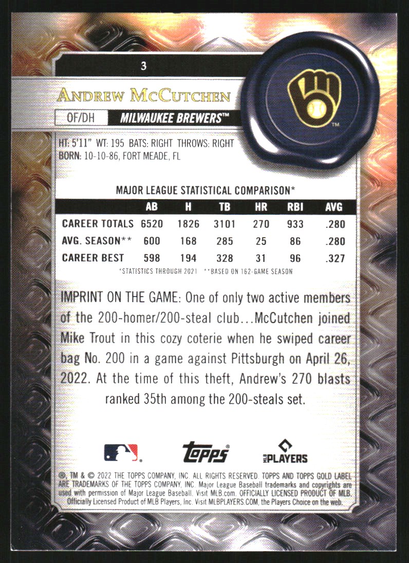 2022 Topps Gold Label Class 1 Black #3 Andrew McCutchen