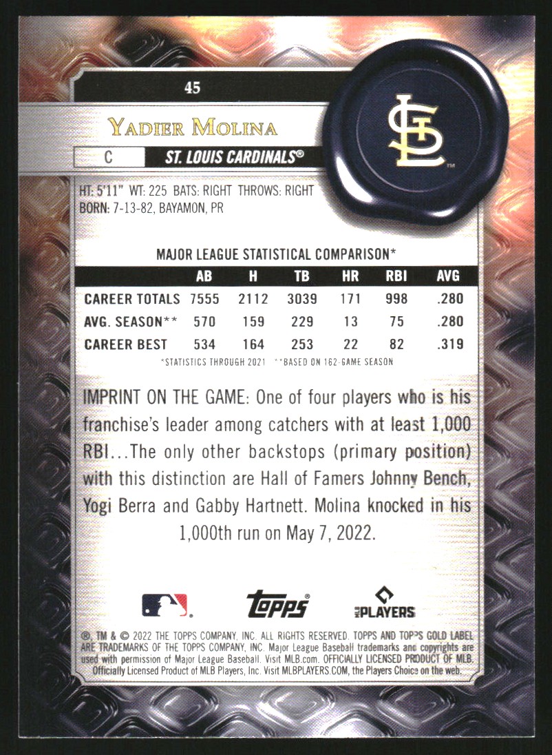 2022 Topps Gold Label Class 2 #45 Yadier Molina