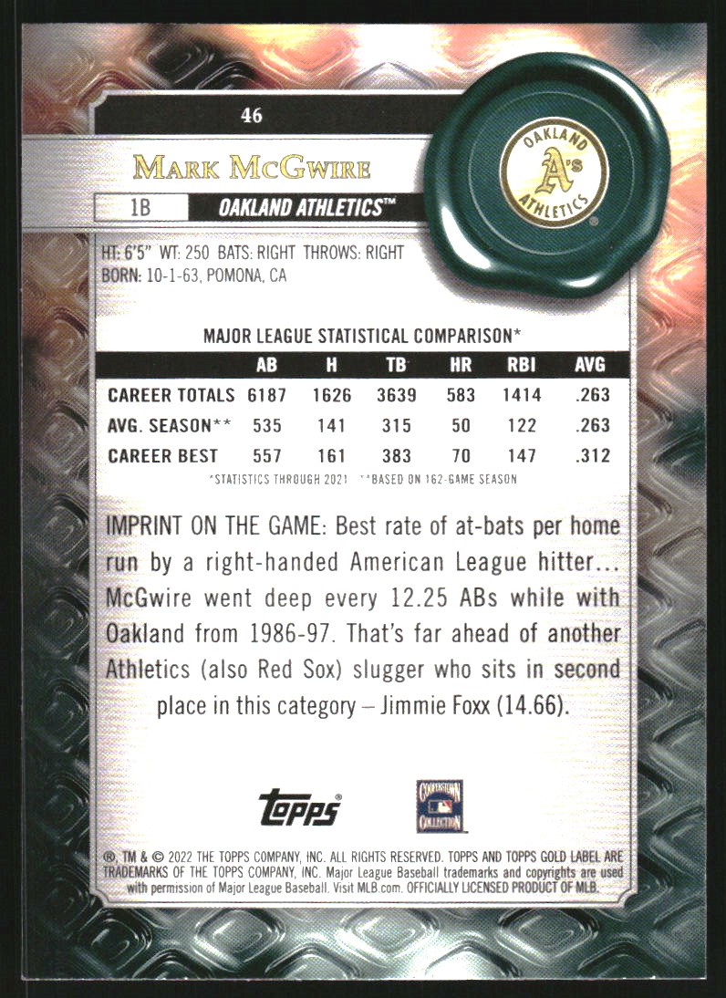 2022 Topps Gold Label Class 2 #46 Mark McGwire
