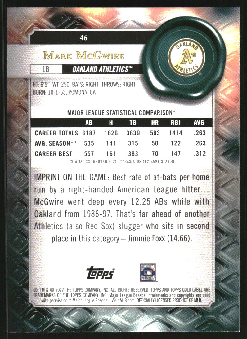 2022 Topps Gold Label Class 2 Black #46 Mark McGwire