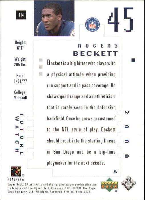 2000 SP Authentic #114 Rogers Beckett RC back image