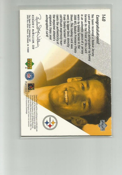 2000 SPx #140 Danny Farmer JSY AU RC back image
