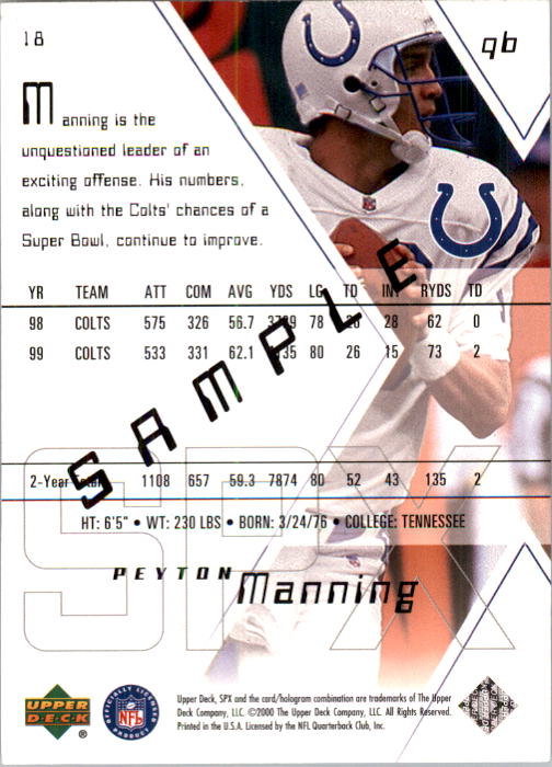 2000 SPx #18 Peyton Manning Sample back image