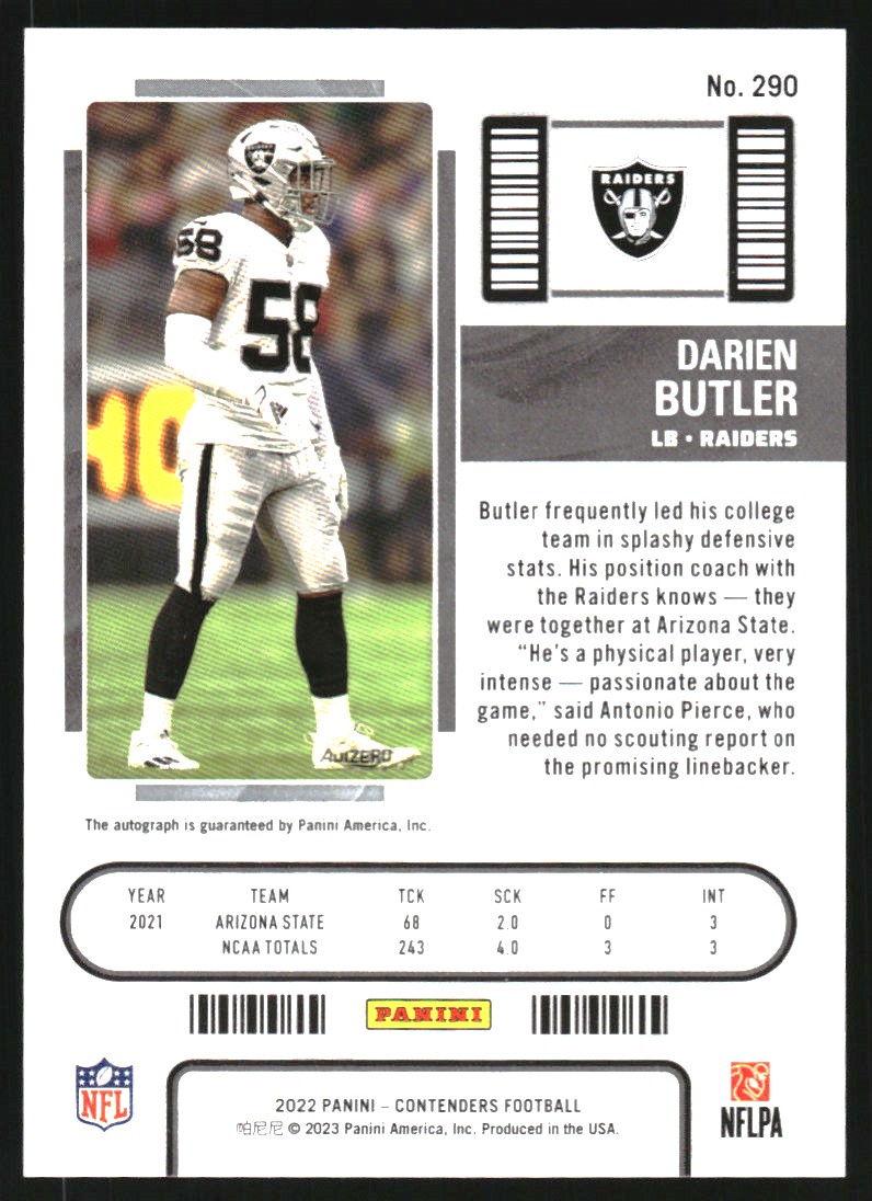 2022 Panini Contenders Playoff Ticket #290 Darien Butler AU