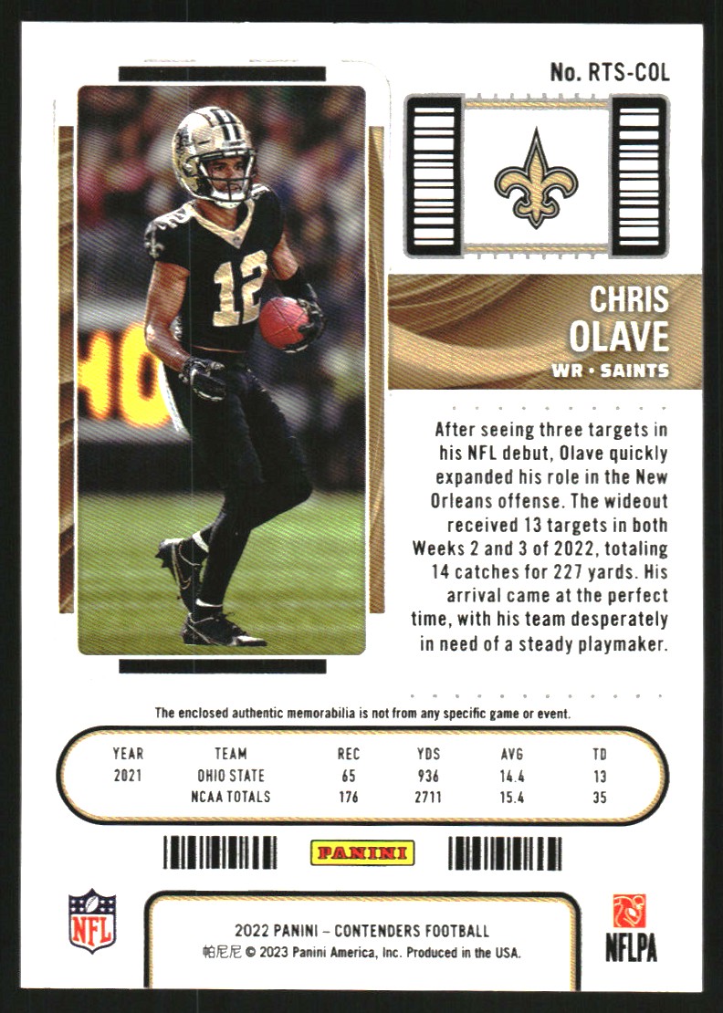 2022 Panini Contenders Rookie Ticket Swatches #9 Chris Olave