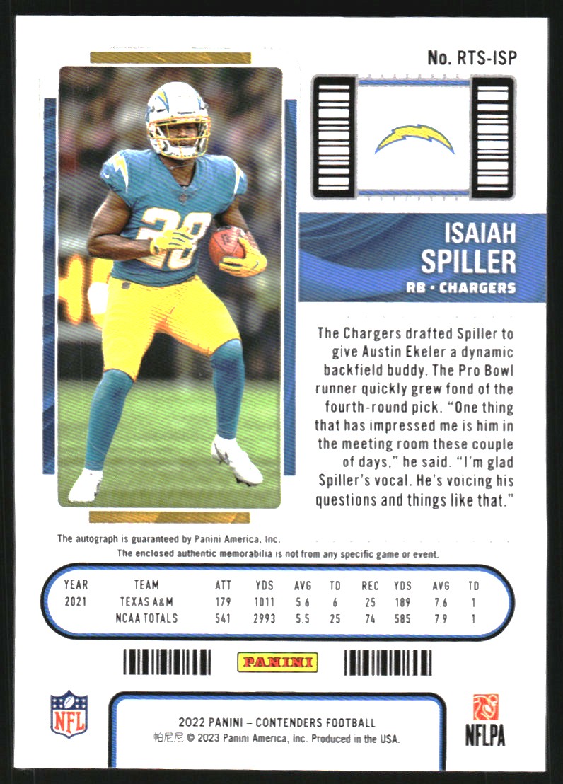 2022 Panini Contenders Rookie Ticket Swatches Autographs #20 Isaiah Spiller