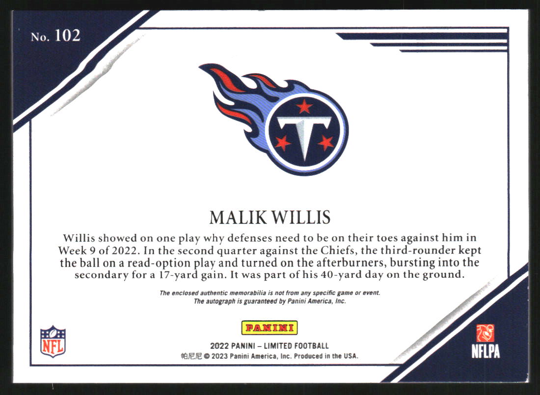 2022 Limited #102 Malik Willis JSY AU/99 RC