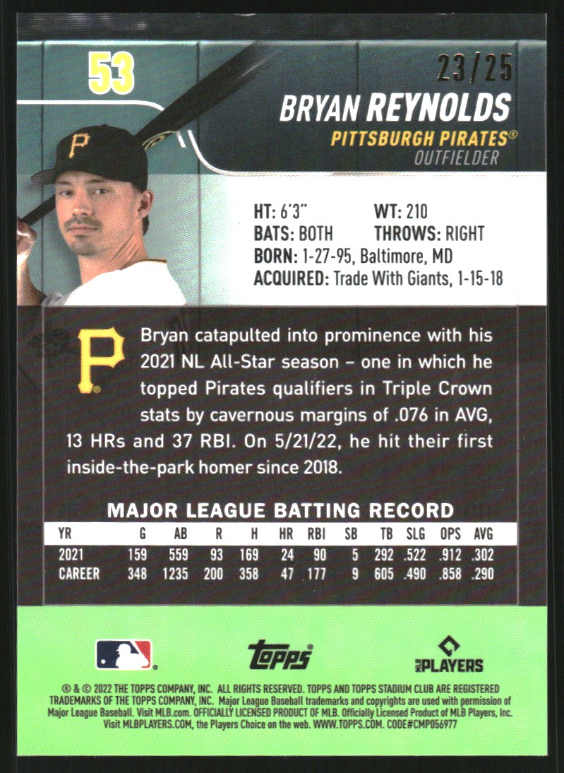 2022 Stadium Club Chrome Orange Refractors #53 Bryan Reynolds on