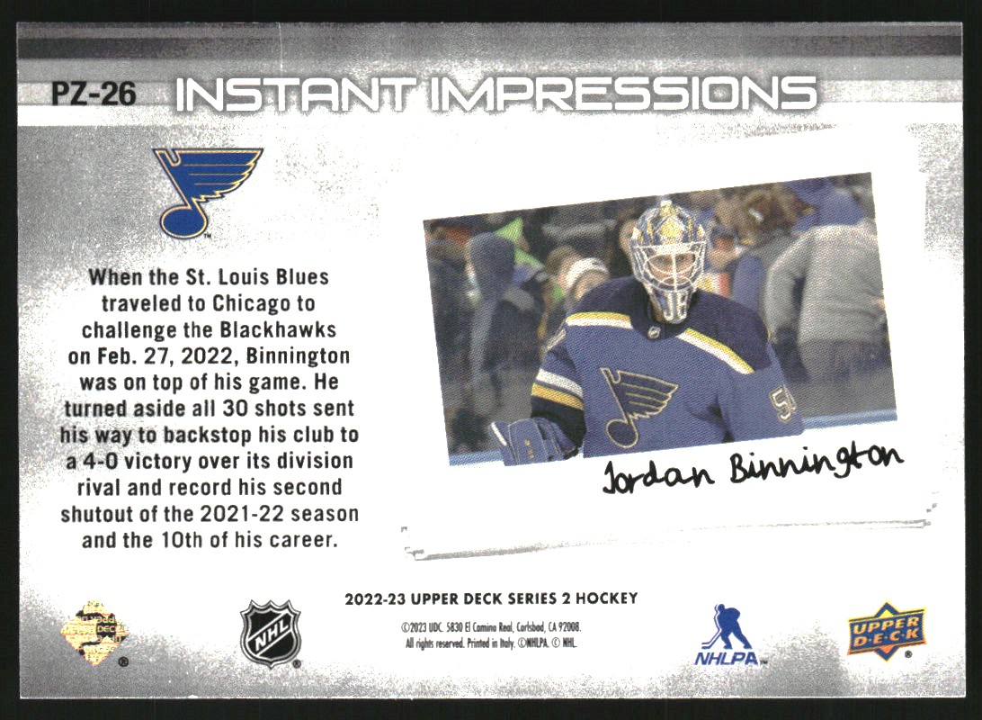 2022-23 Upper Deck Instant Impressions #PZ26 Jordan Binnington