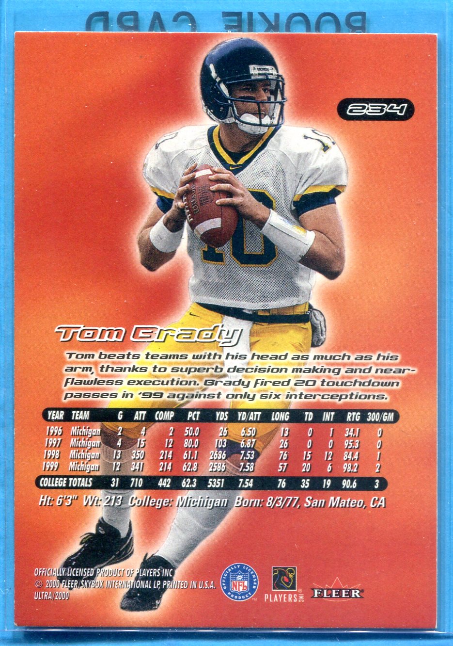 2000 Ultra #234 Tom Brady RC back image