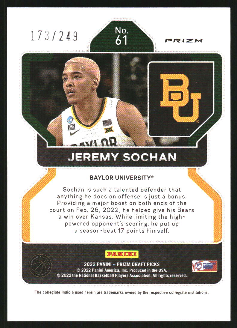 2022-23 Panini Prizm Draft Picks Prizms Blue Wave #61 Jeremy Sochan