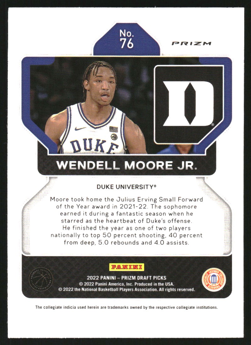 2022-23 Panini Prizm Draft Picks Prizms Choice Blue Yellow and Green #76 Wendell Moore Jr.
