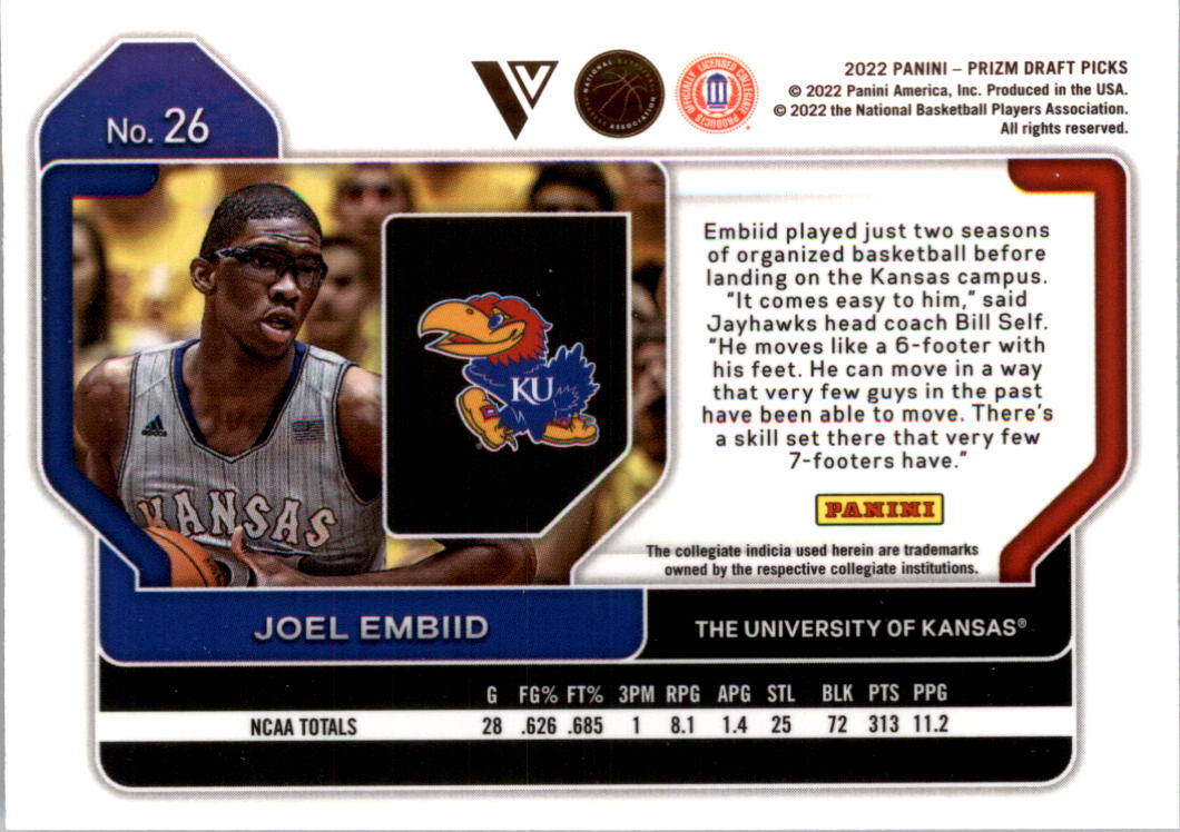 2022-23 Panini Prizm Draft Picks Joel Embiid #26 kansas jayhawks