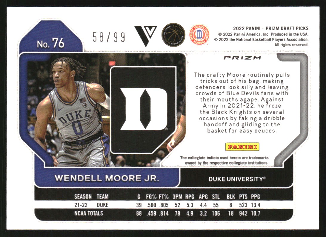 2022-23 Panini Prizm Draft Picks Variations Prizms Blue Ice #76 Wendell Moore Jr.