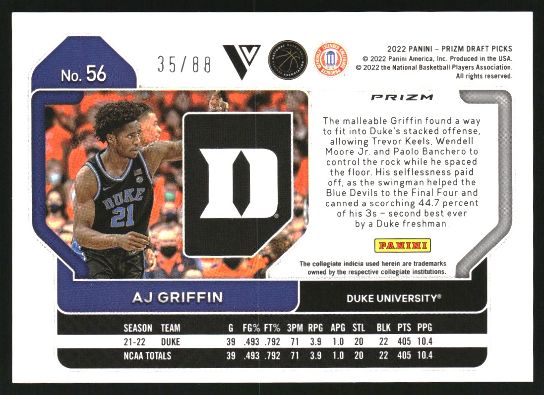 2022-23 Panini Prizm Draft Picks Variations Prizms Choice Red #56 AJ Griffin