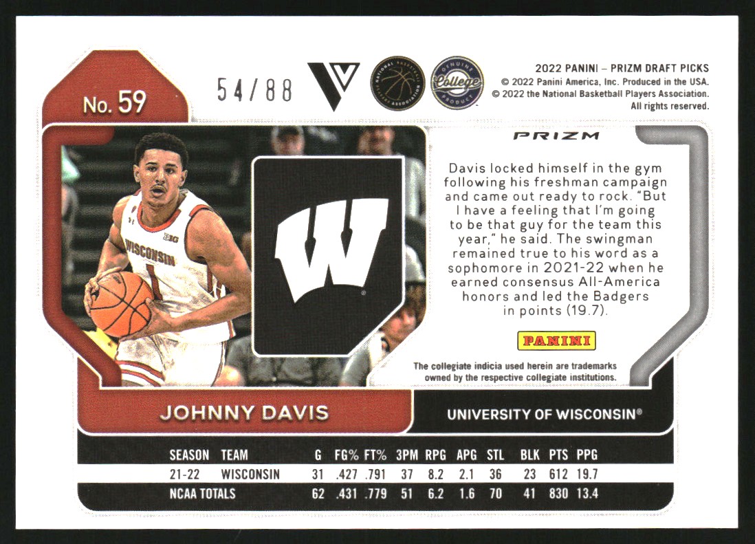 2022-23 Panini Prizm Draft Picks Variations Prizms Choice Red #59 Johnny Davis