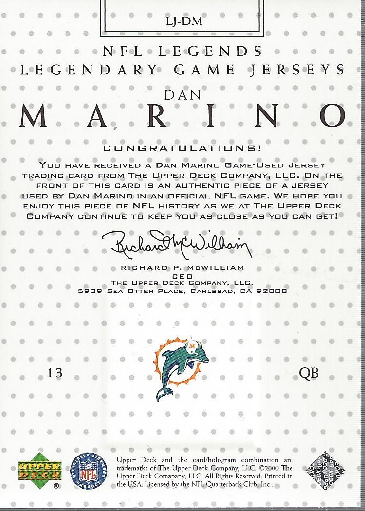 2000 Upper Deck Legends Legendary Jerseys #LJDM Dan Marino back image