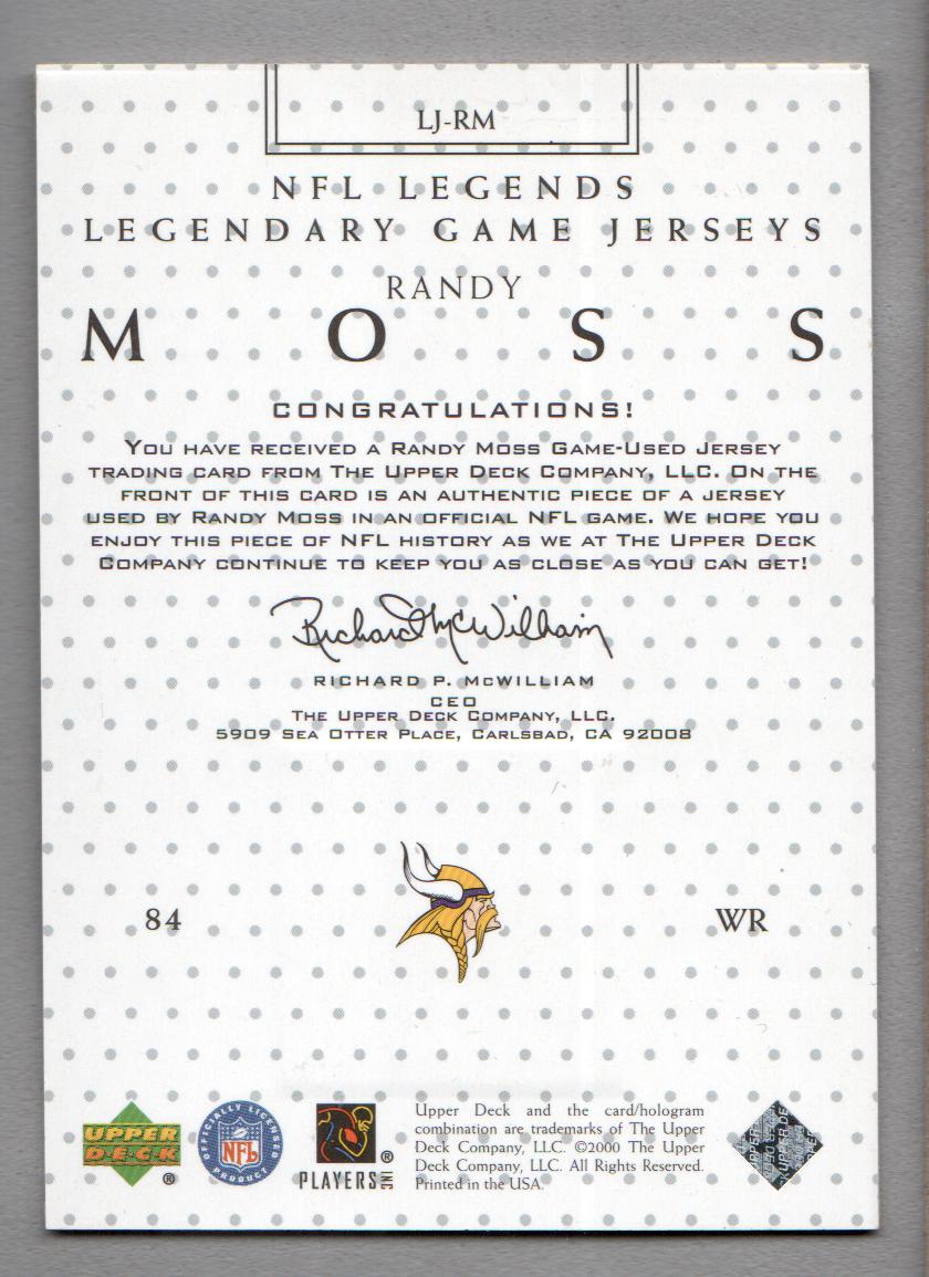 2000 Upper Deck Legends Legendary Jerseys #LJRM Randy Moss back image