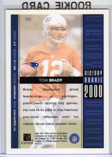  Tom Brady 2000 UPPER DECK VICTORY ROOKIE RC #326 NEW ENGLAND  PATRIOTS! - Football Cards : Collectibles & Fine Art