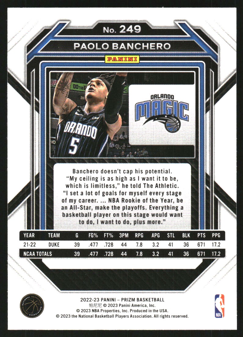 2022-23 Panini Prizm #249 Paolo Banchero RC