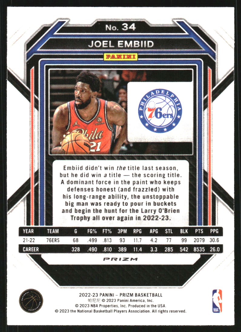 2022-23 Panini Prizm Prizm Red Sparkle #34 Joel Embiid