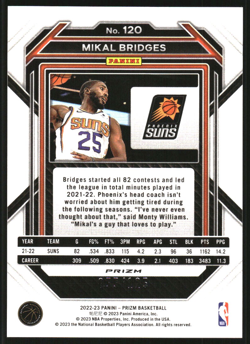 2022-23 Panini Prizm Prizms Blue Ice #120 Mikal Bridges