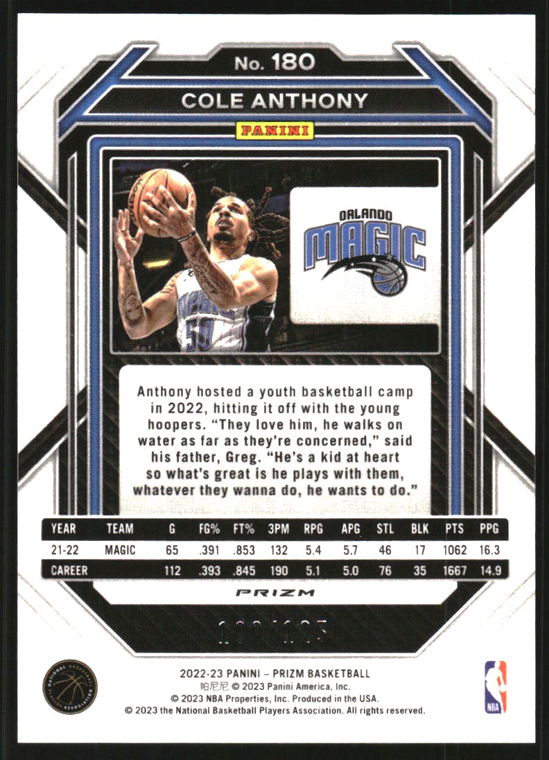 2022-23 Panini Prizm Prizms Blue Ice #180 Cole Anthony