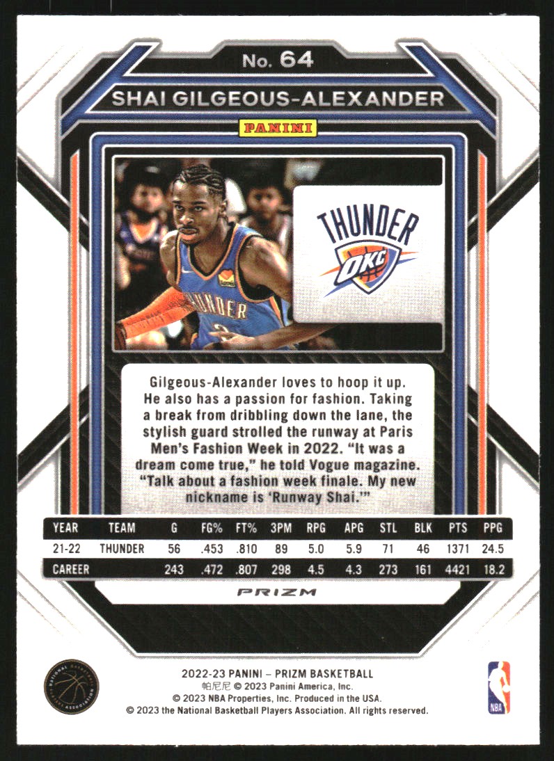 2022-23 Panini Prizm Prizms Choice Blue Yellow and Green #64 Shai Gilgeous-Alexander