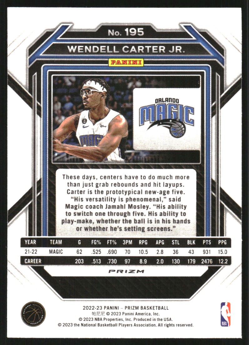 2022-23 Panini Prizm Prizms Choice Blue Yellow and Green #195 Wendell Carter Jr.