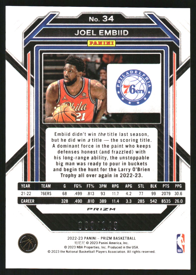 2022-23 Panini Prizm Prizms Purple Ice #34 Joel Embiid