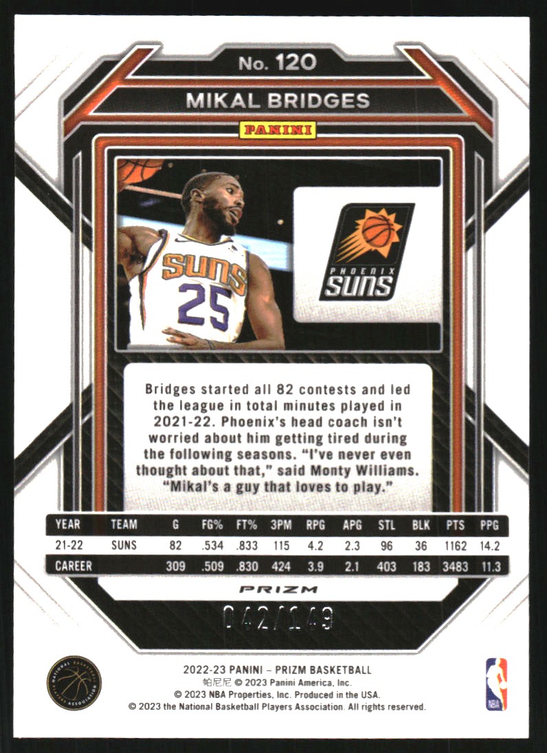 2022-23 Panini Prizm Prizms Purple Ice #120 Mikal Bridges