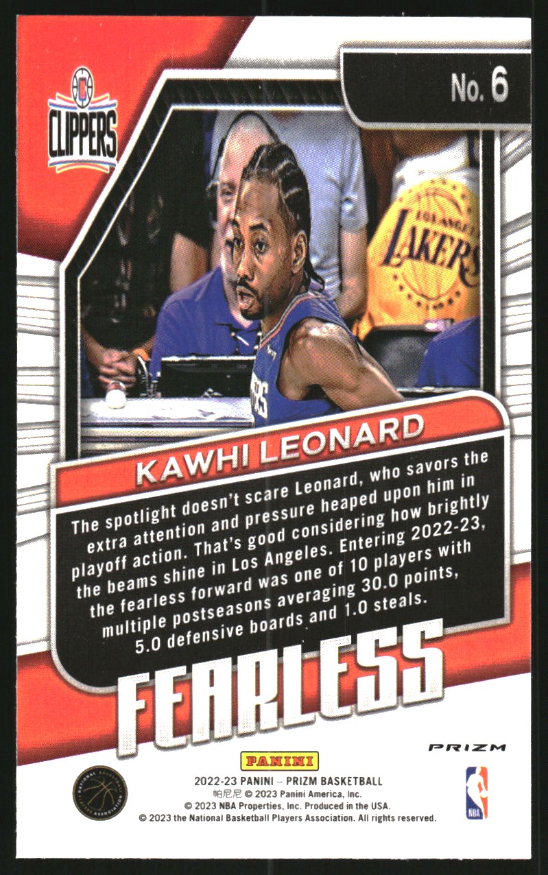 2022-23 Panini Prizm Fearless Prizms Fast Break #6 Kawhi Leonard