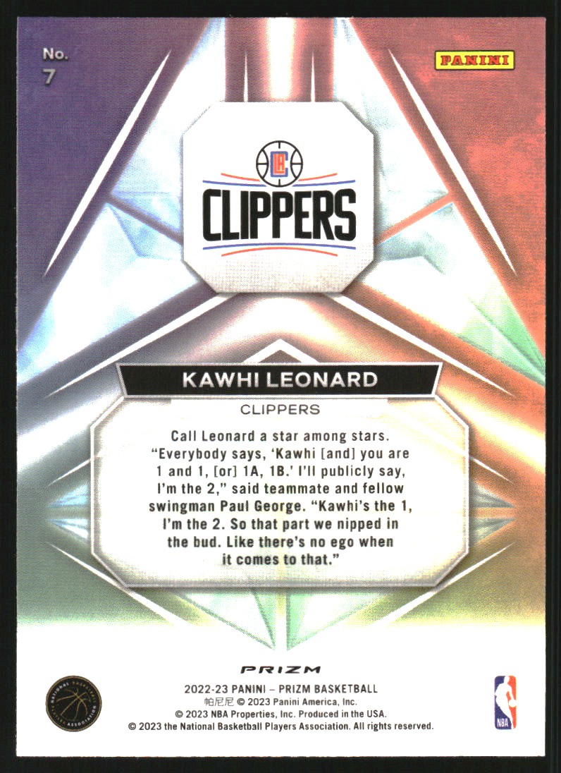 2022-23 Panini Prizm Prizmatic Prizms Fast Break #7 Kawhi Leonard